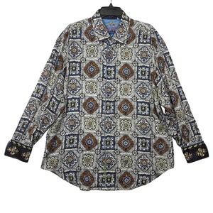 Robert Graham Silk Road Shirt Men 2XL Long Sleeve Button Down Tile AOP Flip Cuff